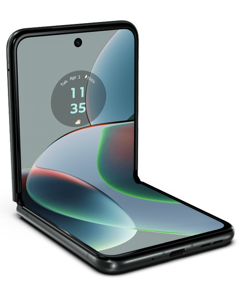 Angle view of Bulk Motorola Razr 2023 5G sage green 128GB unlocked A+ stock bulk phone