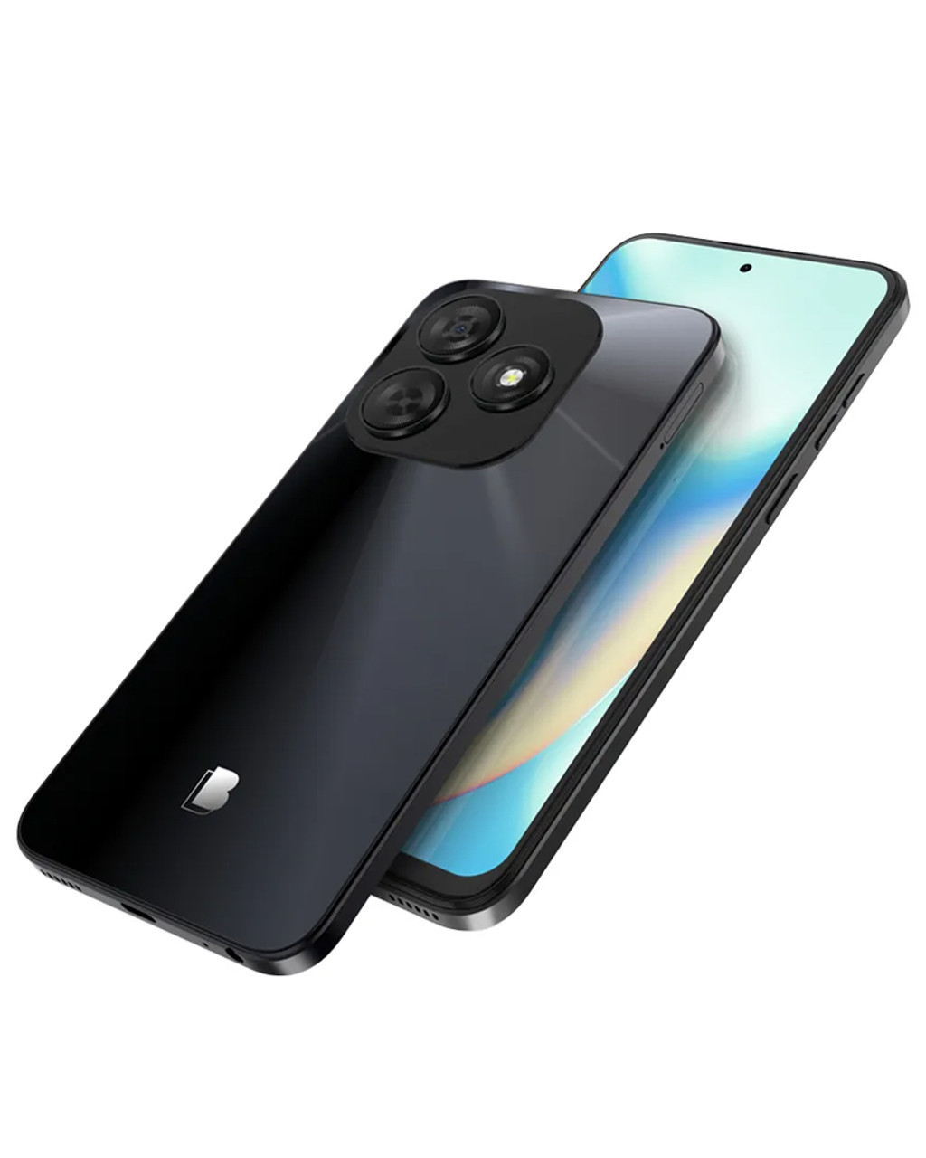 Bulk BLU G65L black 128GB 4G LTE unlocked A+ stock wholesale smartphone front–back angled view