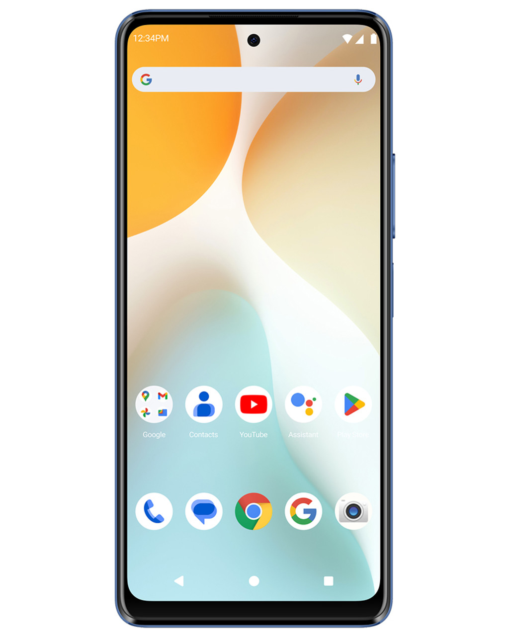 Front view of bulk BLU G74 blue 256GB 4G LTE unlocked A+ stock smartphone