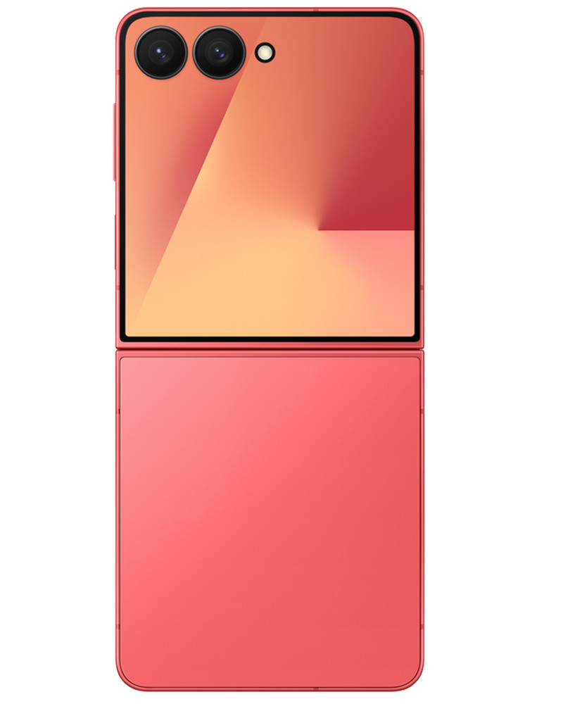 Wholesale Samsung Galaxy Z Flip7 F766U coral red 256GB 5G unlocked, B/C stock — bulk smartphone lot camera view