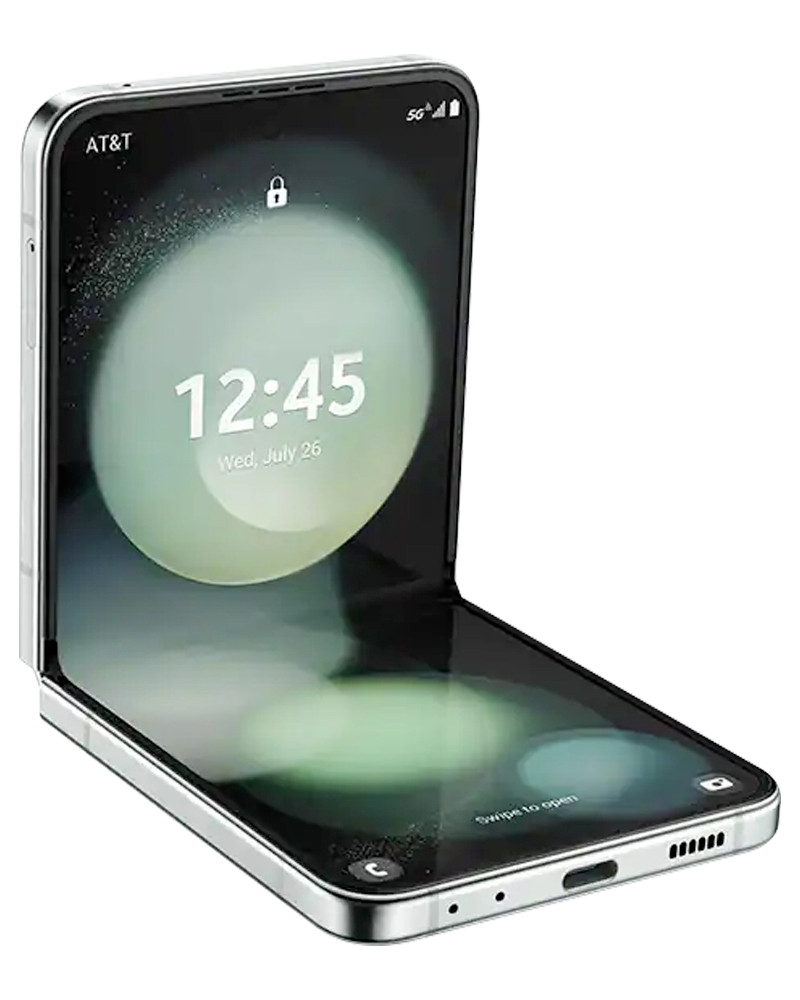 Wholesale Samsung Galaxy Z Flip5 green 512GB 5G unlocked, C stock — bulk smartphone lot angle view