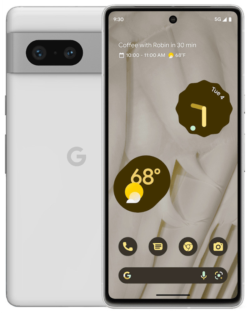 Wholesale Google Pixel 7 GVU6C snow 128GB 5G Unknown Carrier locked, B/C stock — front and back view