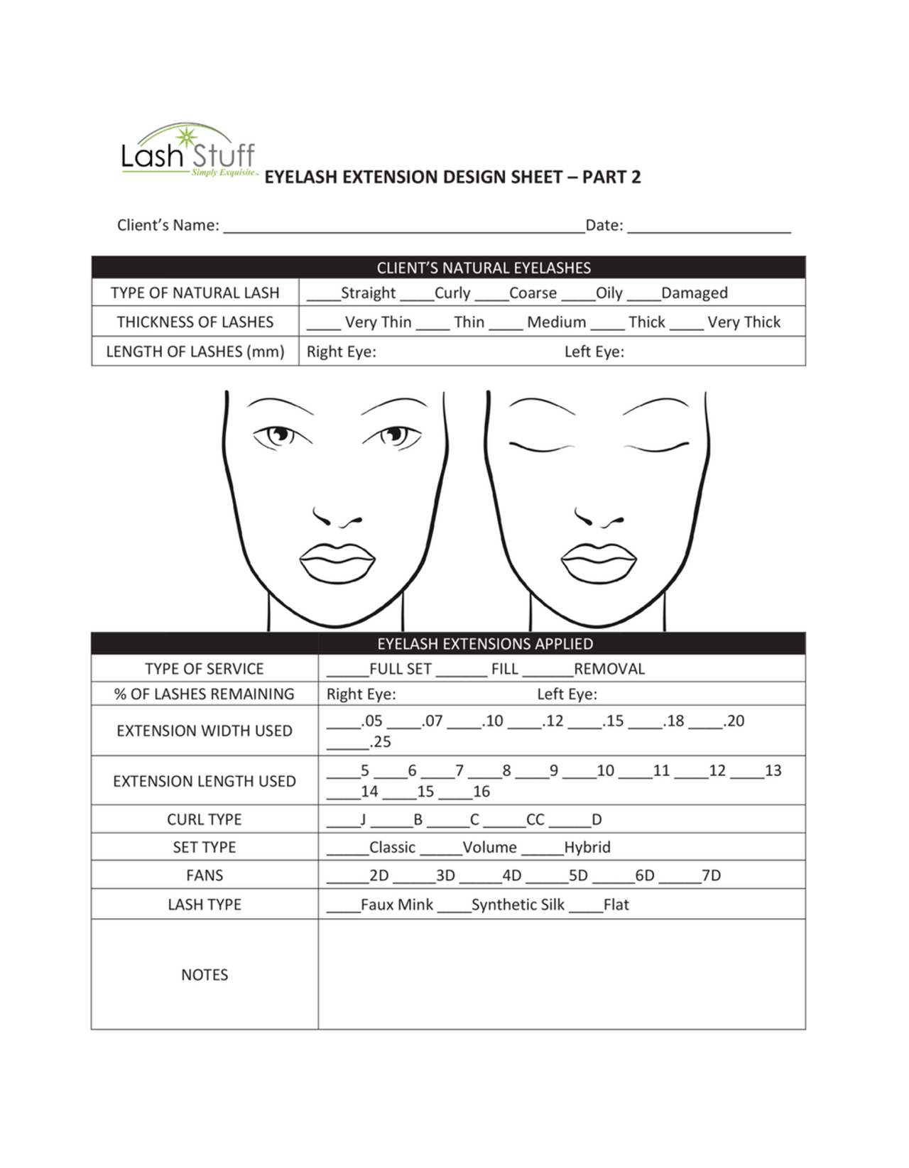 Eyelash Extension Design Sheet for Applying Lash Extensions