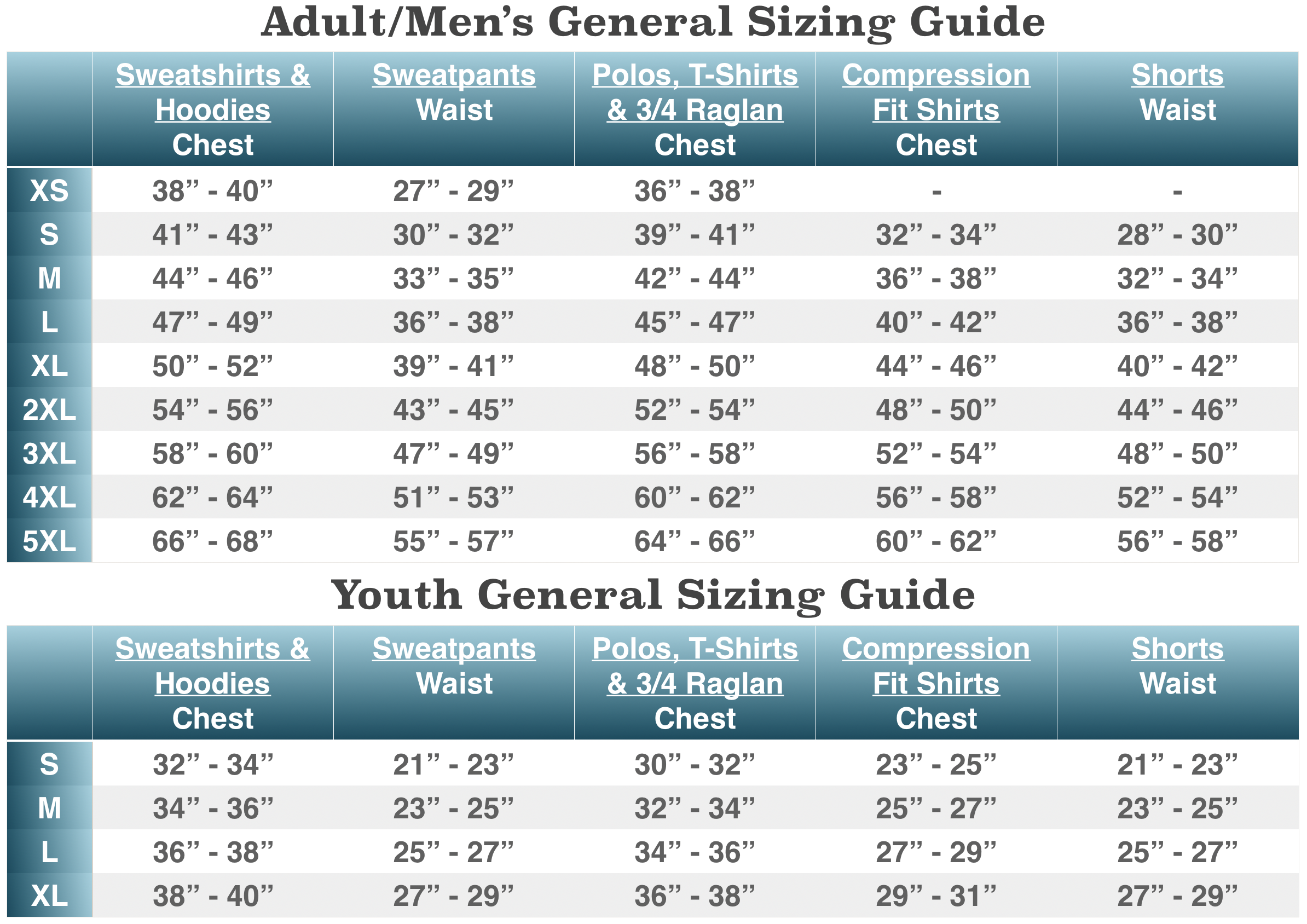 Athletic Knit Sizing Charts 