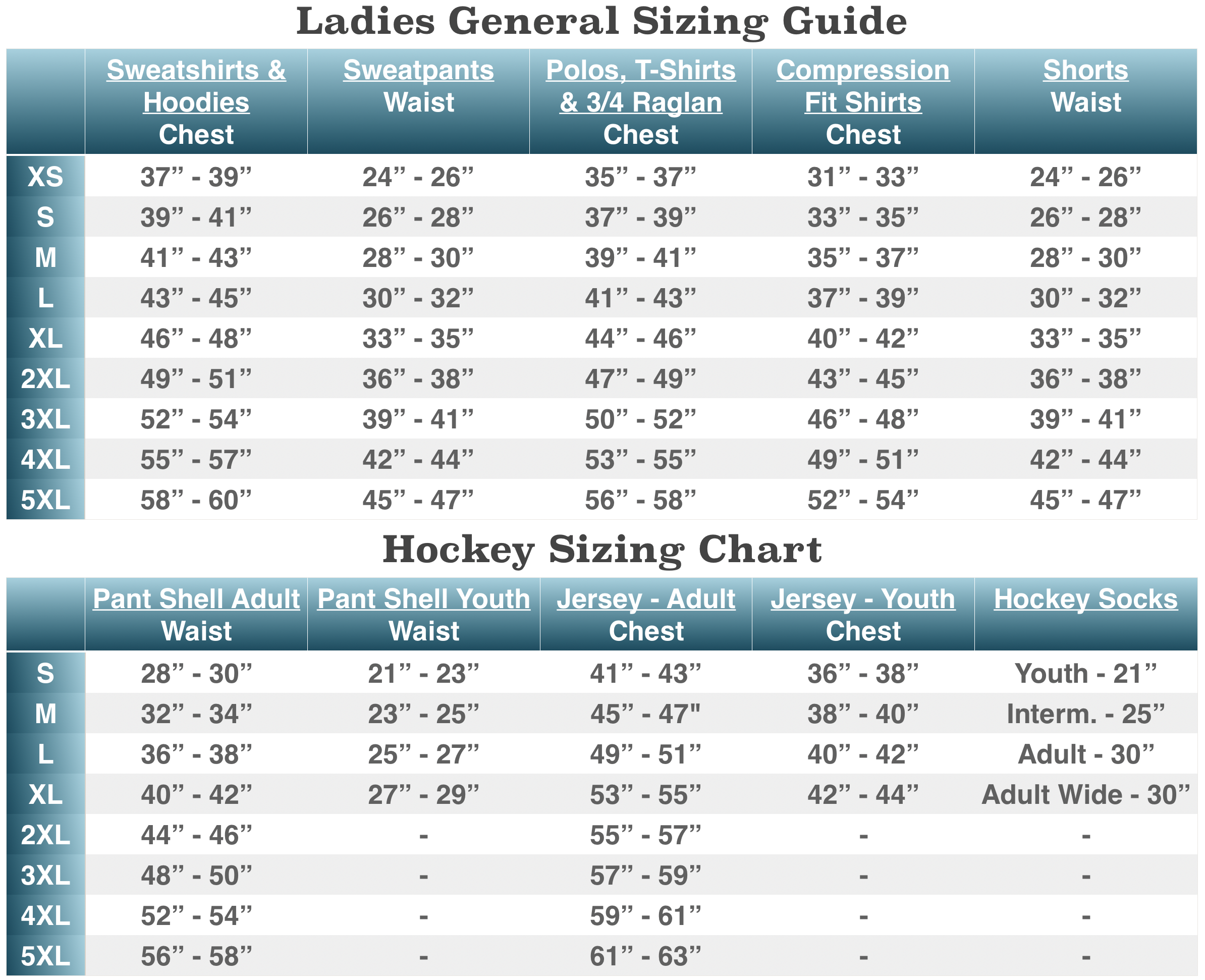 Athletic Knit Sizing Charts 