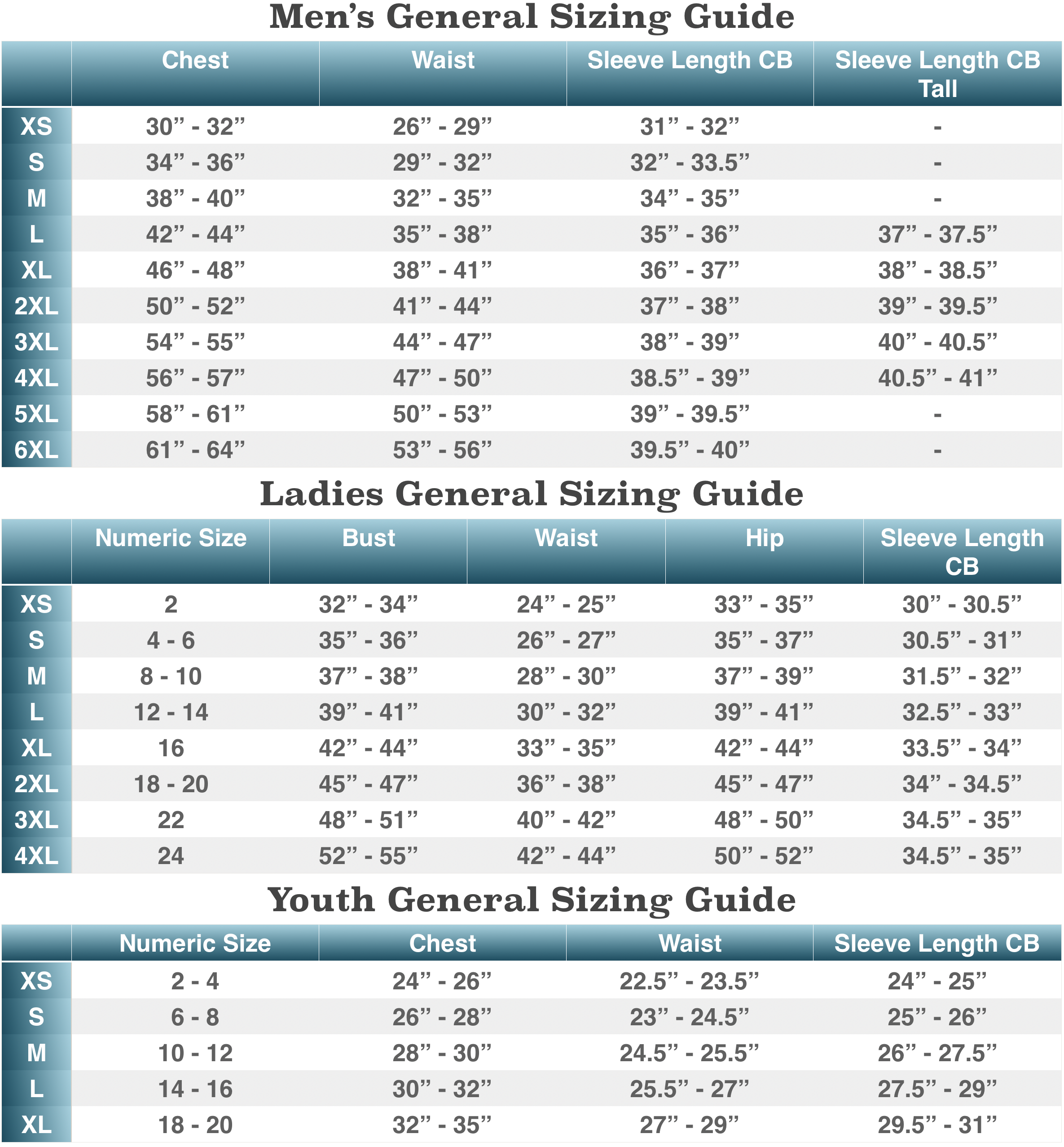 LB General Size Guide