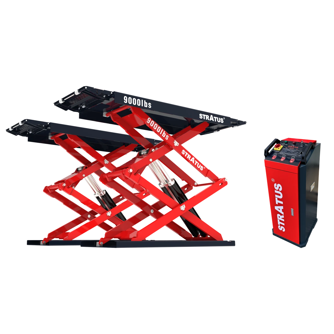 Stratus SAE-UT9000 G4 scissor lift pair beside the red power unit control tower.