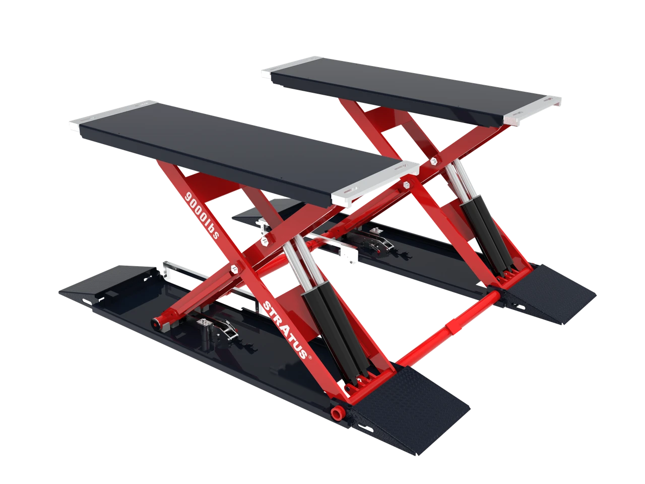 Stratus SAE-MS9000XT G4 low profile scissor car lift, angled view of raised platforms and scissor mechanism.