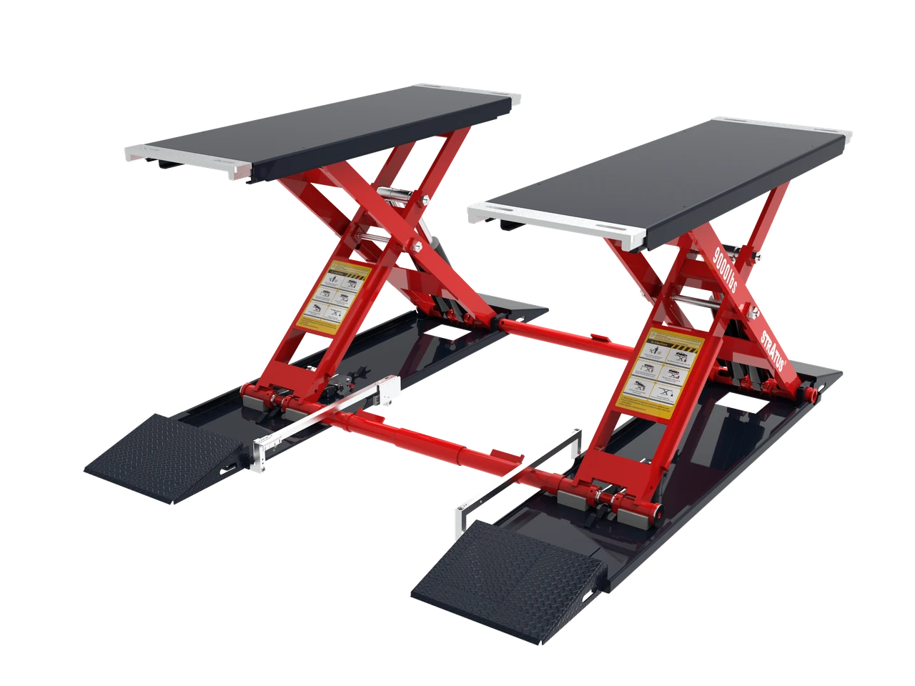 Stratus SAE-MS9000XT G4 scissor car lift in lowered position, showing low-profile platforms and ramps.