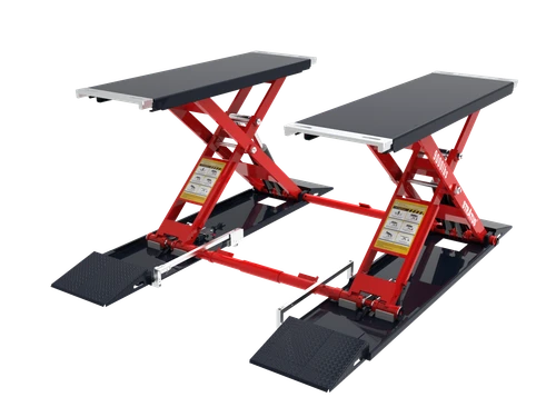 Stratus SAE-MS9000XT G4 scissor car lift in lowered position, showing low-profile platforms and ramps.