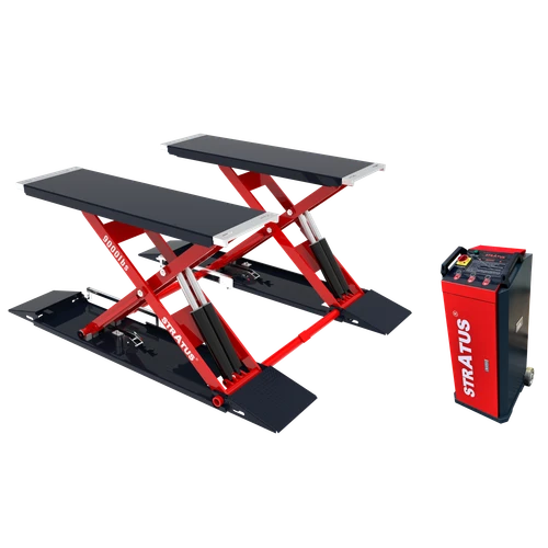 Stratus SAE-MS9000XT G4 scissor lift raised beside its red and black power unit control box.