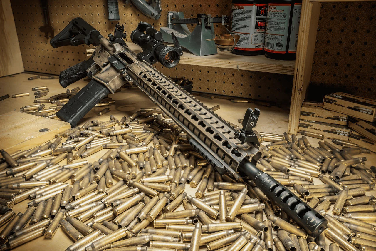 c4 offset front and rear sight combo on rifle surrounded by ammo