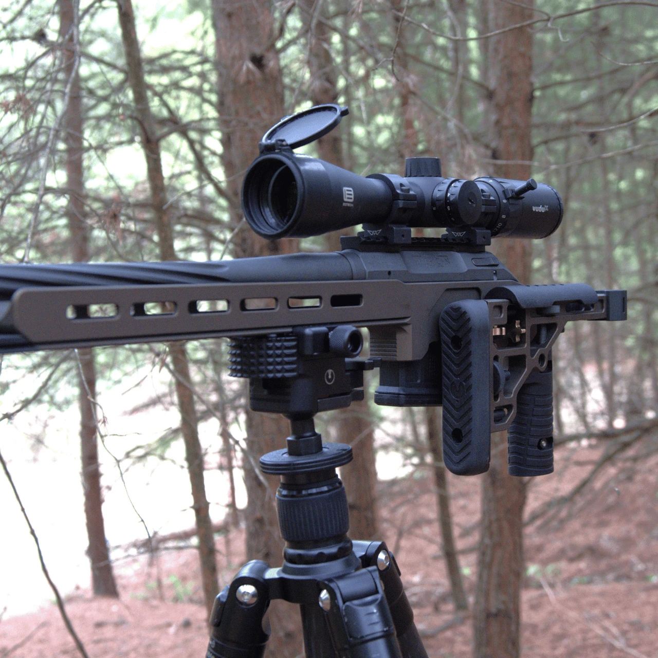 UD Picatinny Chassis on rifle in woods
