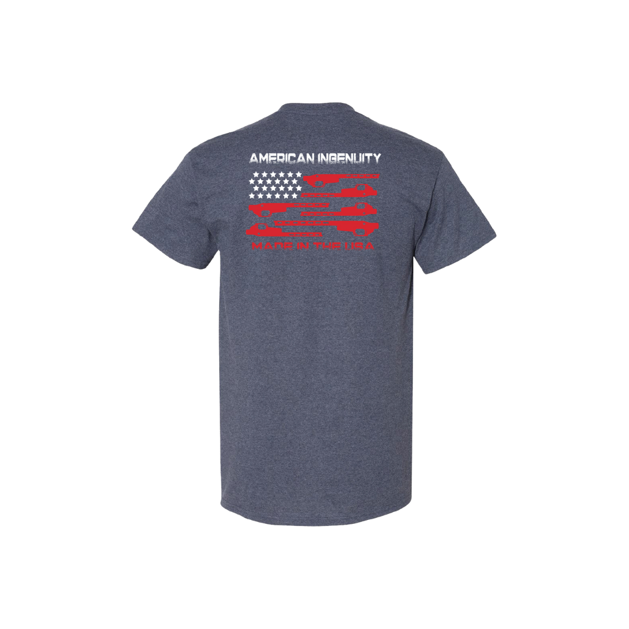 navy t-shirt with American flag image on back 