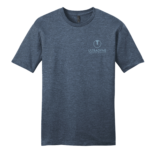 front of gray blue t-shirt with small Ultradyne logo on left chest