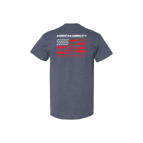navy t-shirt with American flag image on back