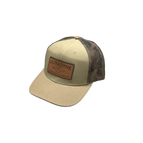 green camouflage hat with leather logo patch