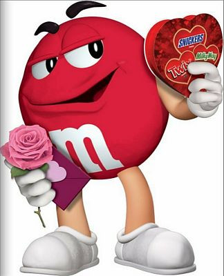 M&M red sticker with candy box and roses