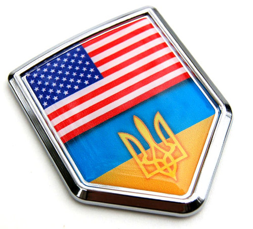 USA-Ukraine Flag 3D Decal Crest Chrome Emblem Sticker