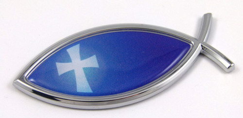 Blue Cross Jesus Fish 3D Auto Emblem