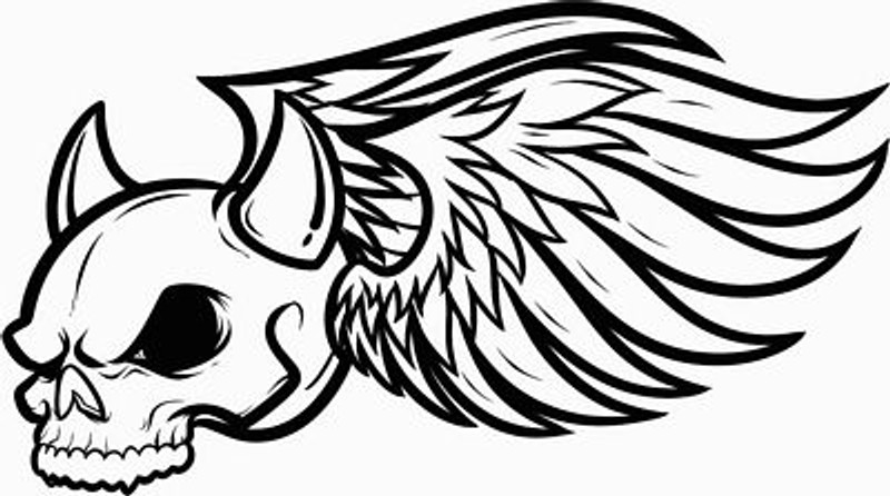 horned skull with wings B&W sticker