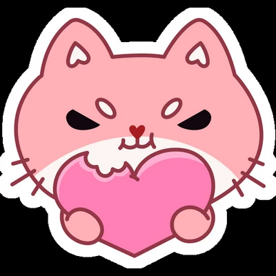 pink cat eats heart cartoon sticker