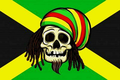 skull with dreadlocks with rasta hat and Jamaica flag