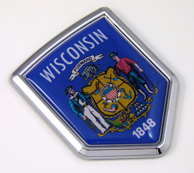 Wisconsin US state flag domed chrome emblem car badge decal