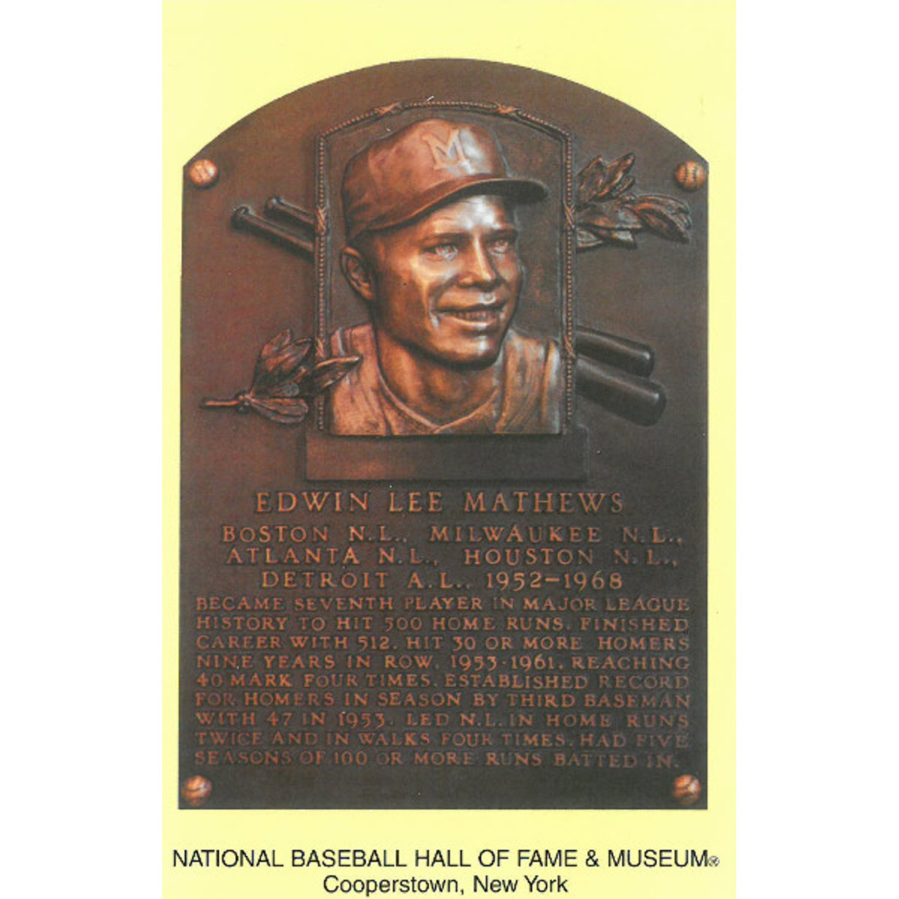 Eddie Mathews Baseball Hall of Fame Plaque Postcard