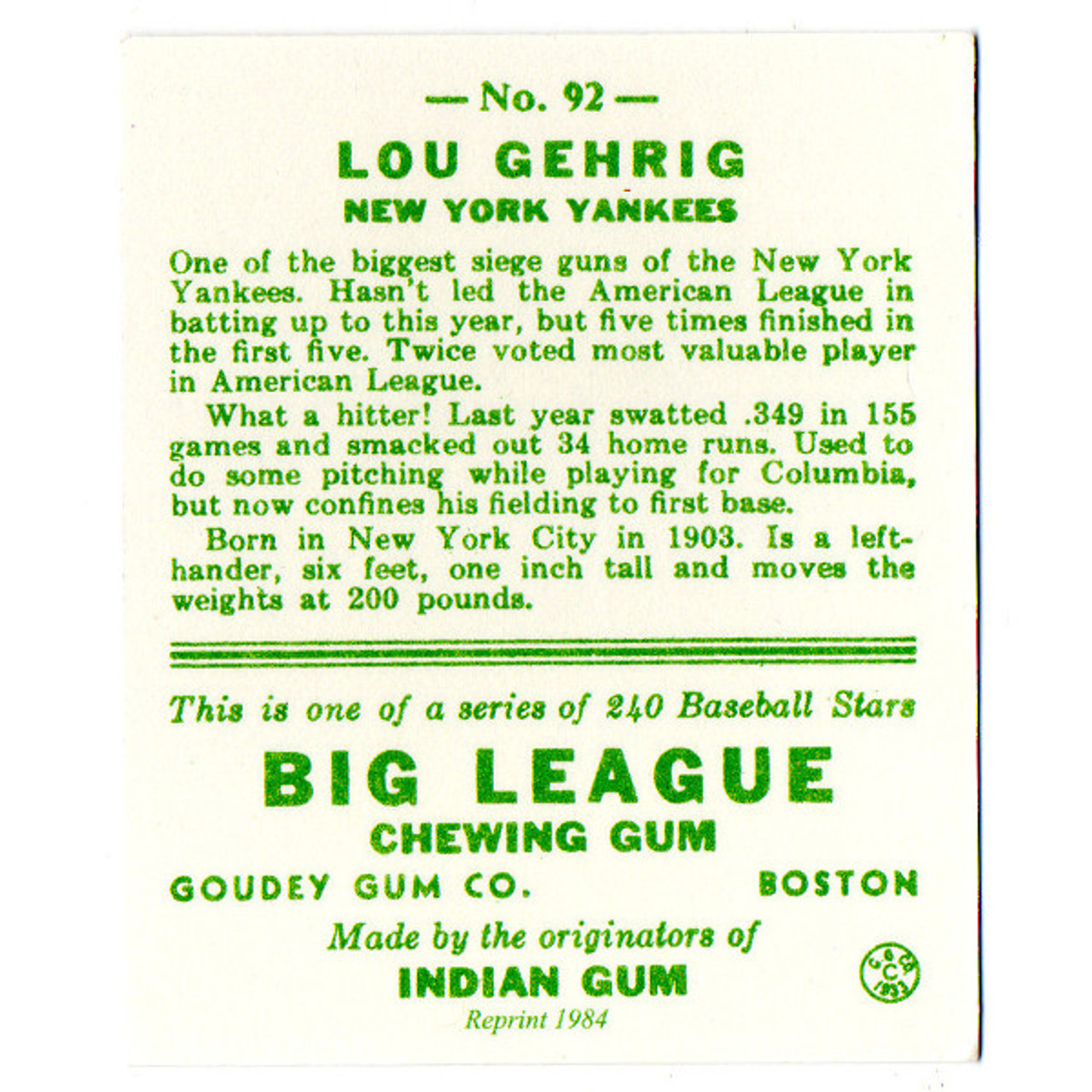 LOU GEHRIG HOF 1933 Goudey #160 Facsimile Autograph New York Yankees  REPRINT - Baseball Card