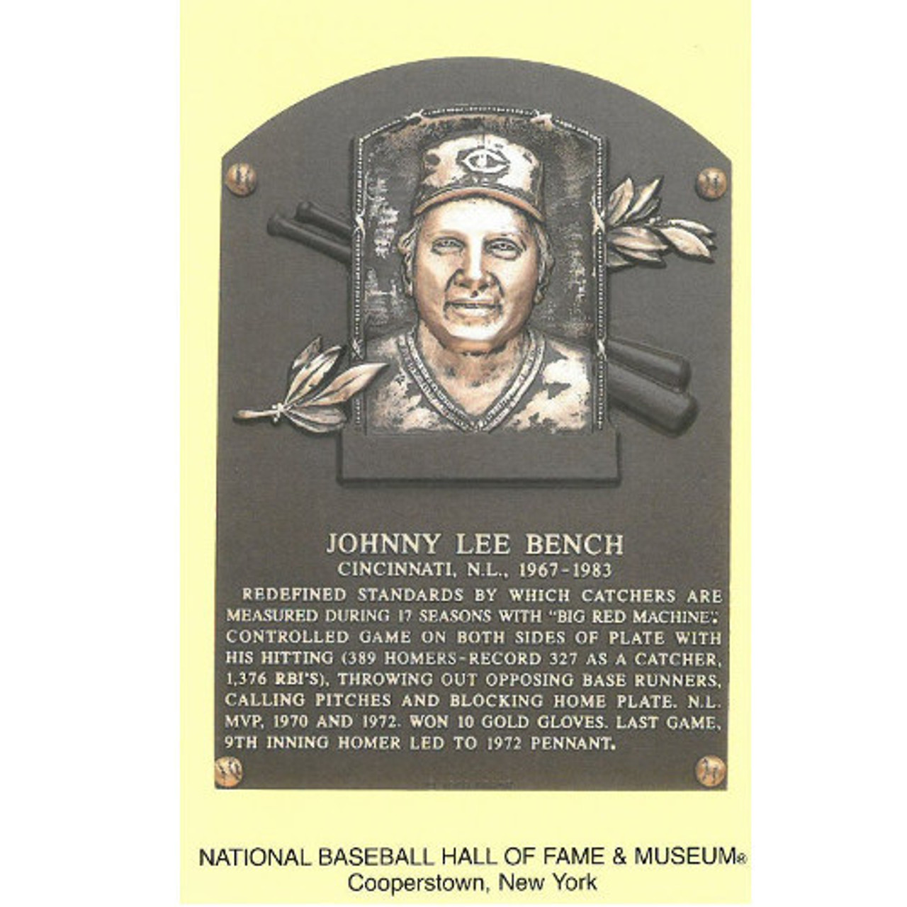 Johnny Bench Baseball Hall of Fame Plaque Postcard