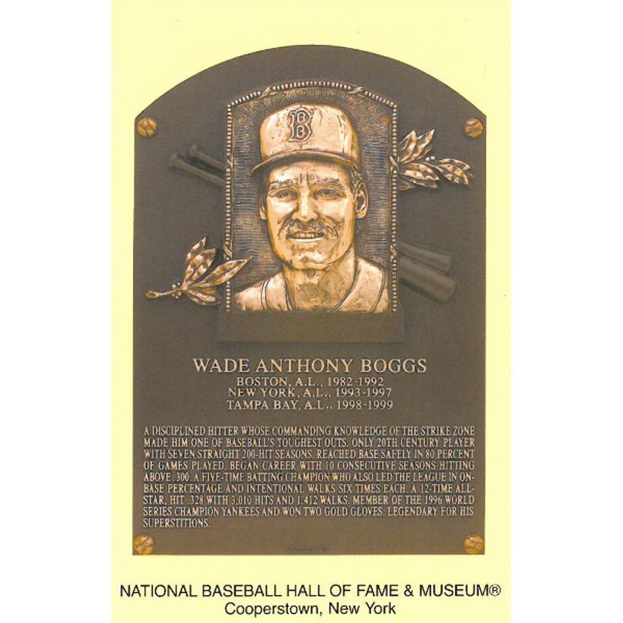 Wade Boggs Baseball Hall of Fame Plaque Postcard