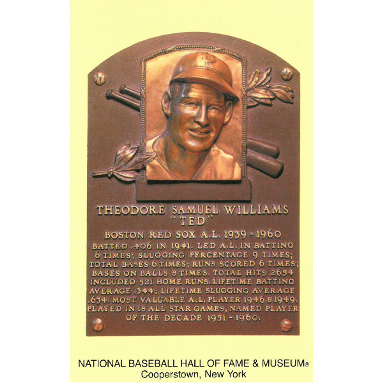 Ted Williams Baseball Hall of Fame Plaque Postcard