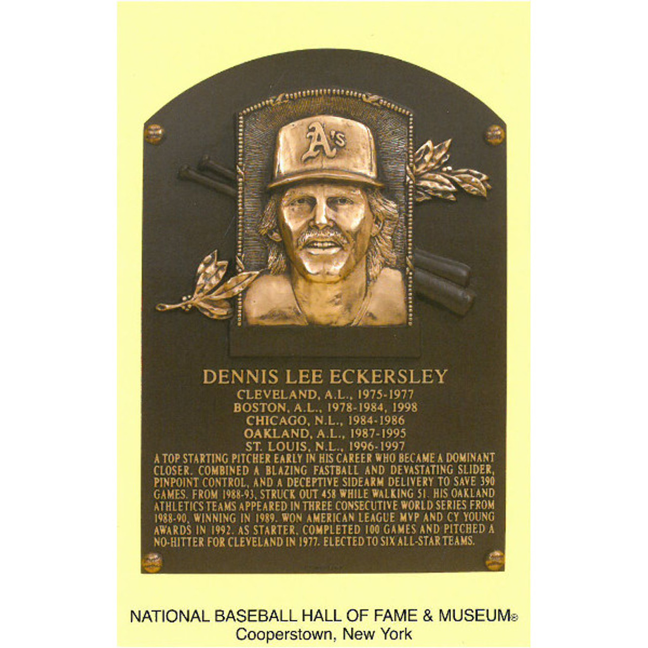 Dennis Eckersley Postcard - Baseball Hall of Fame Induction Plaque - Photo  - A's