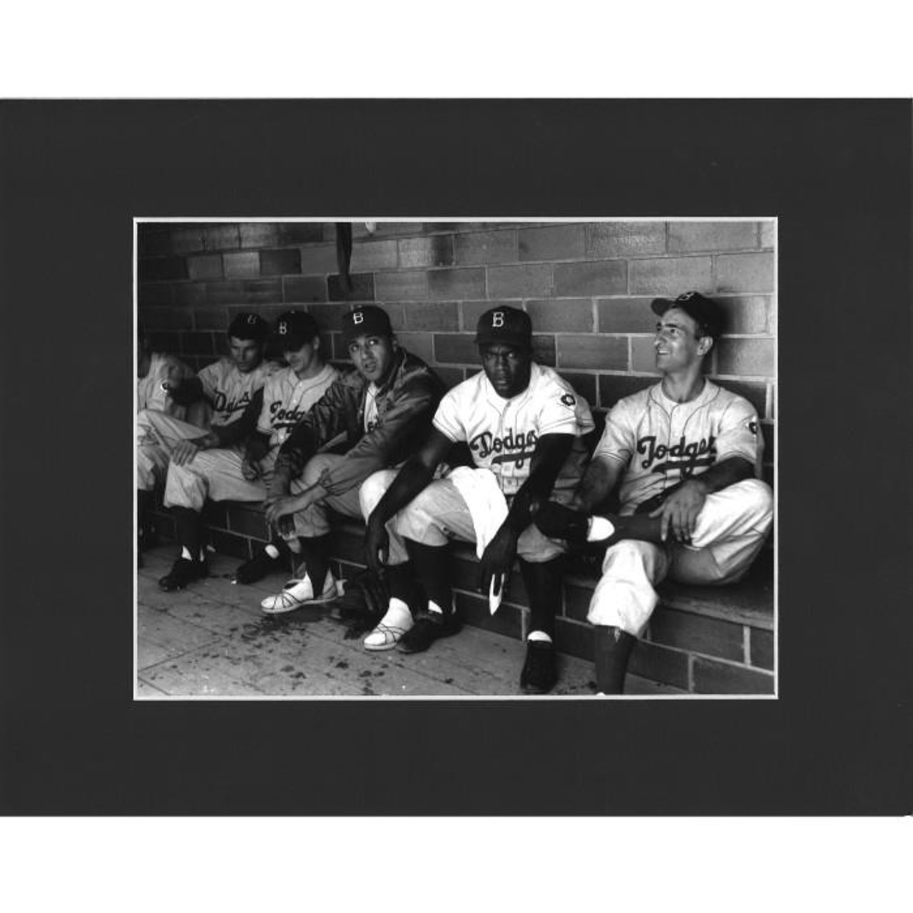 This image features six Brooklyn Dodgers in the dugout of