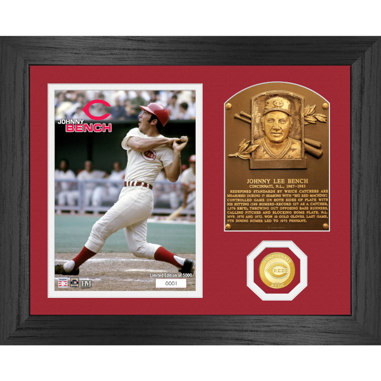 Highland Mint Johnny Bench Hall of Fame Plaque Bronze Coin 13 x 16 Photo  Mint