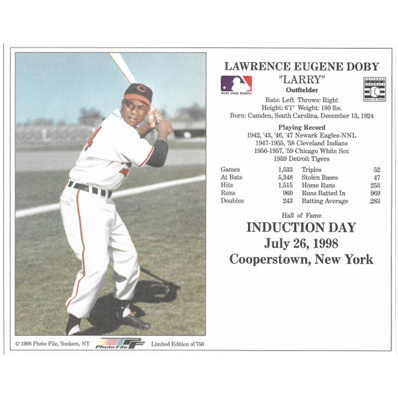 Larry Doby Cleveland Indians 1998 Hall of Fame Induction 8x10 Photocard  (Batting)