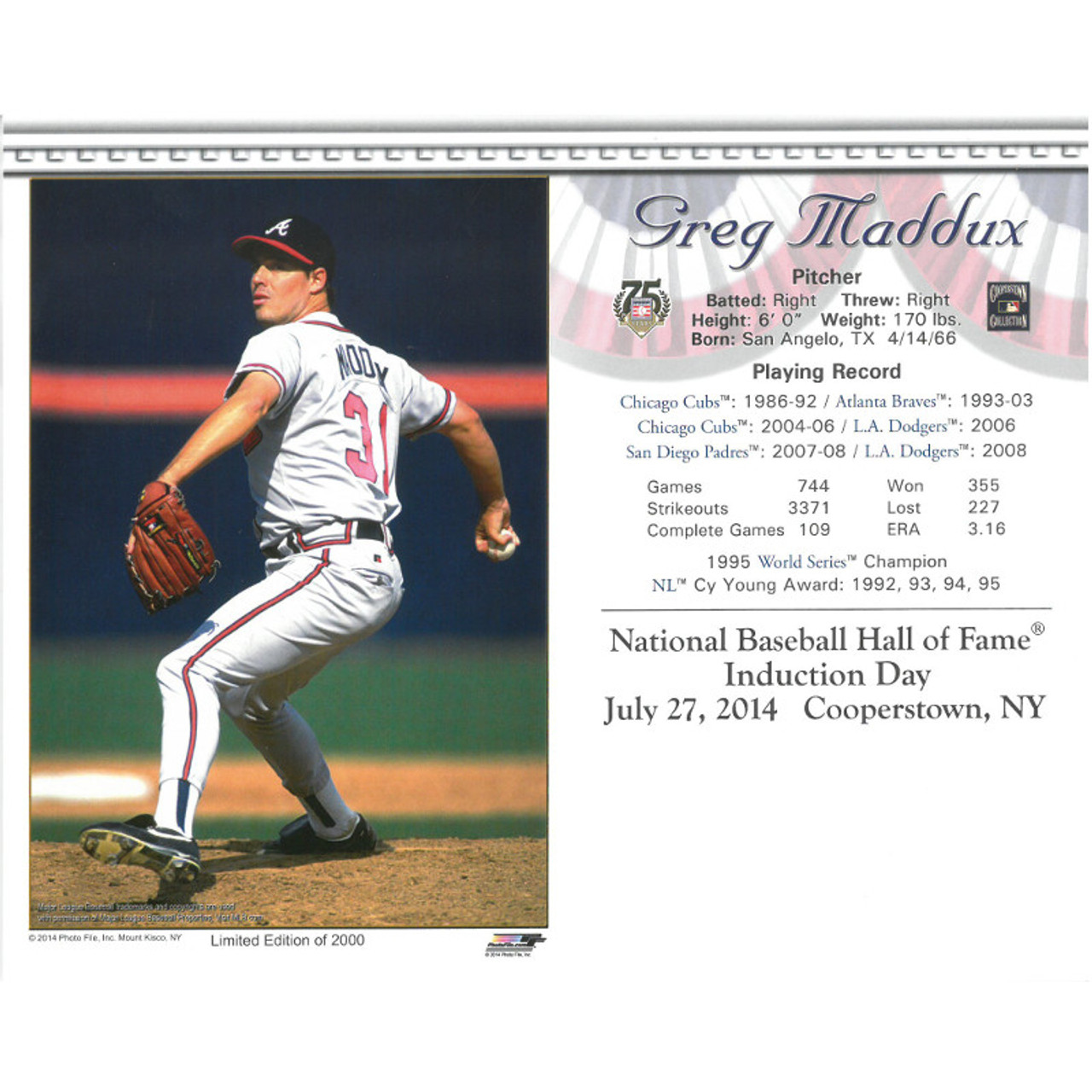 Greg Maddux Atlanta Braves Fanatics Authentic 10.5 x 13 Hall of Fame  Sublimated Plaque