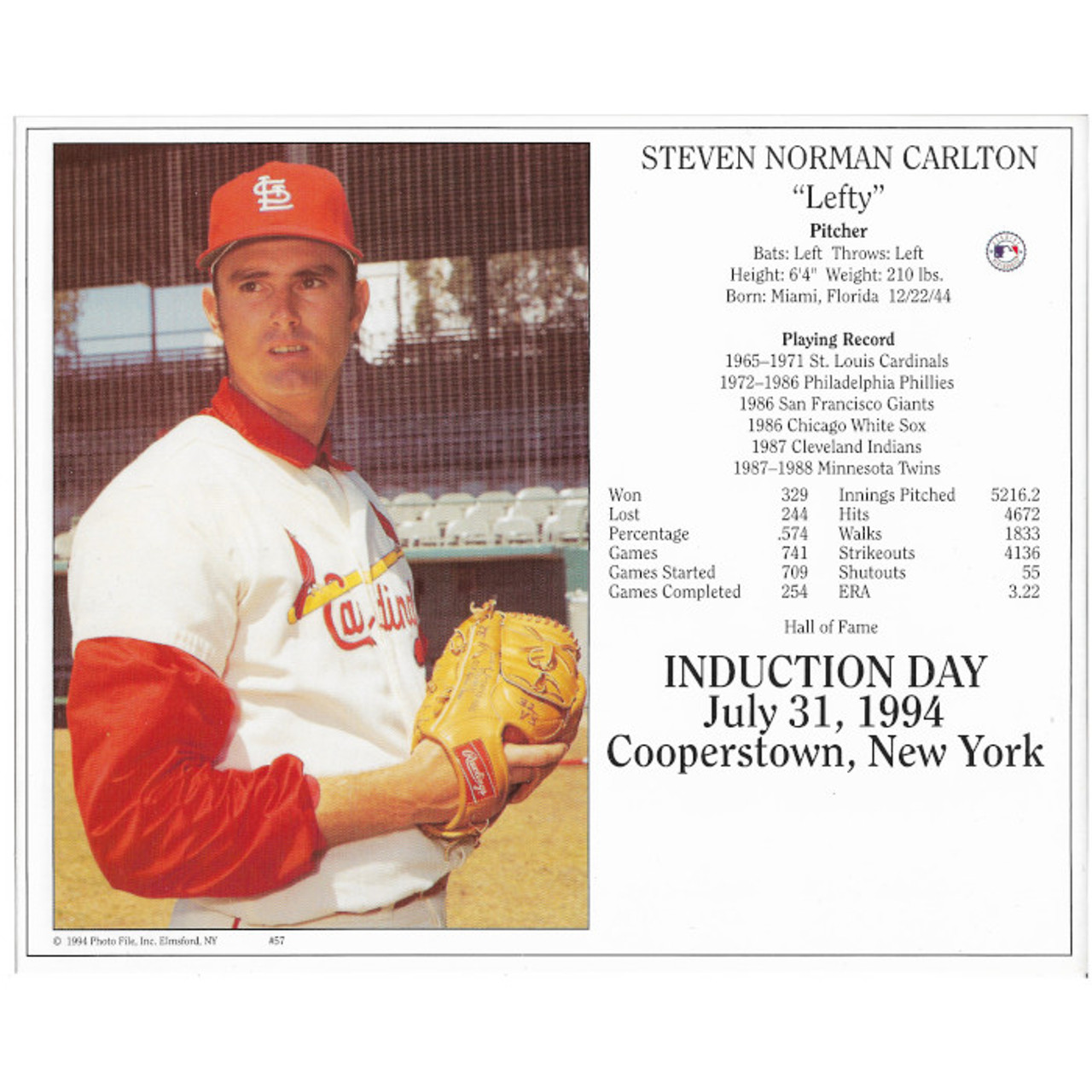 Steve Carlton St. Louis Cardinals 1994 Hall of Fame Induction 8x10