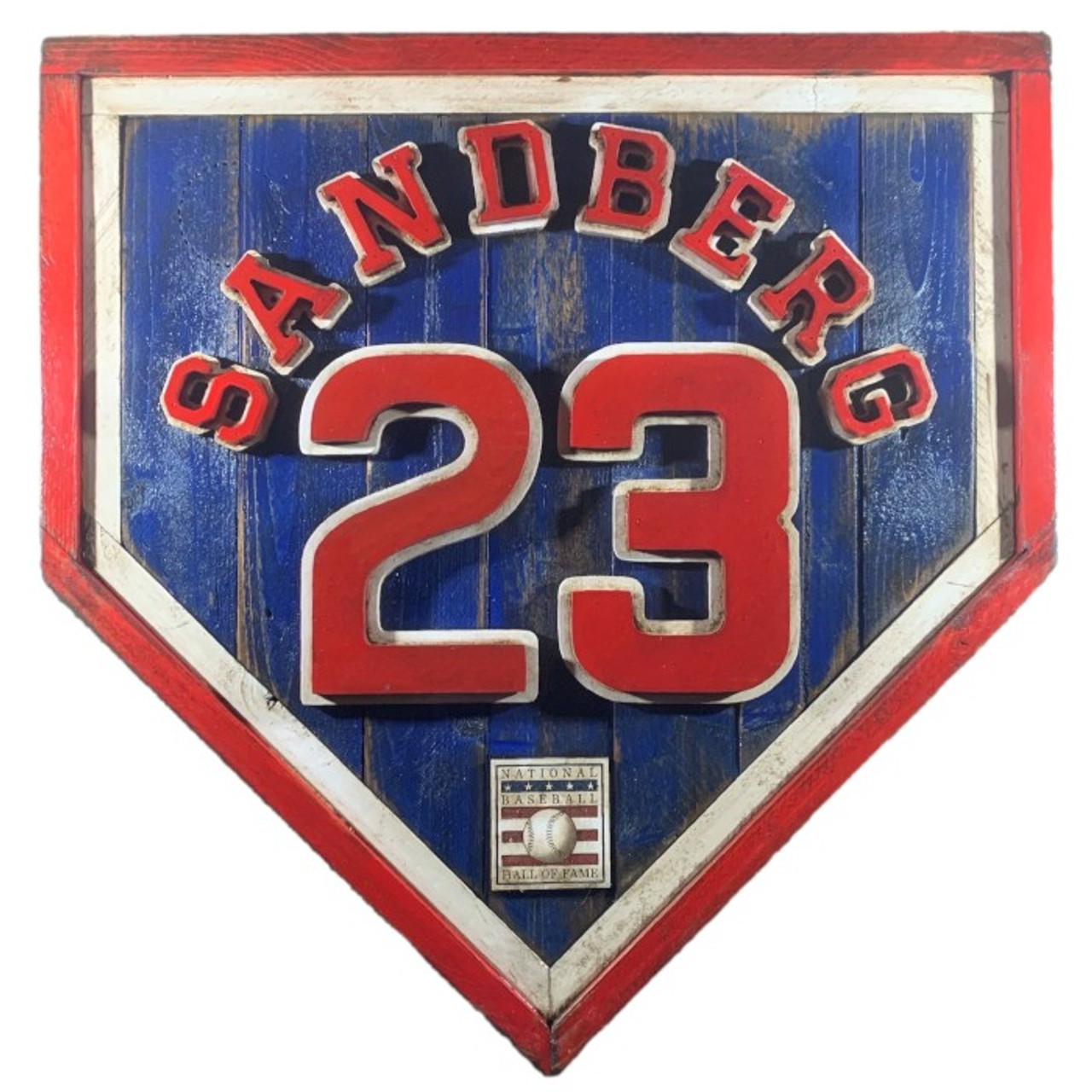 Ryne Sandberg Hall of Fame Vintage Distressed Wood 20 Inch Heritage Royal  Home Plate - Red Frame