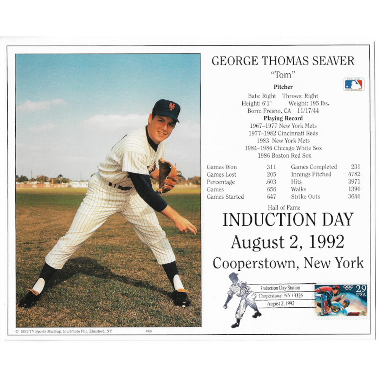 Tom Seaver New York Mets 1992 Hall of Fame Induction 8x10 Photocard with  Induction Day Stamp Cancellation