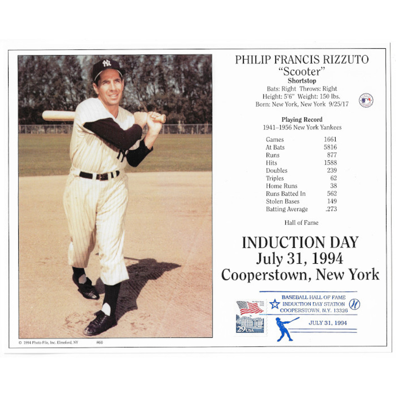 Phil Rizzuto New York Yankees 1994 Hall of Fame Induction 8x10 Photocard  (batting) with Induction Day Stamp Cancellation