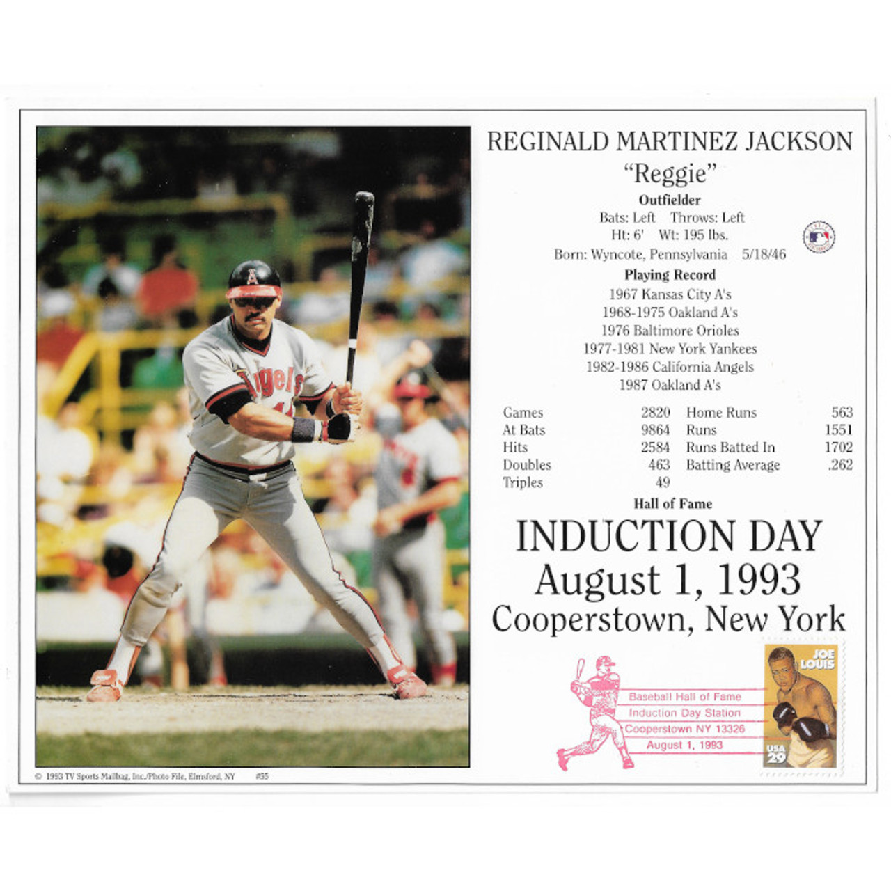 Reggie Jackson California Angels 1993 Hall of Fame Induction 8x10 Photocard  with Induction Day Stamp Cancellation