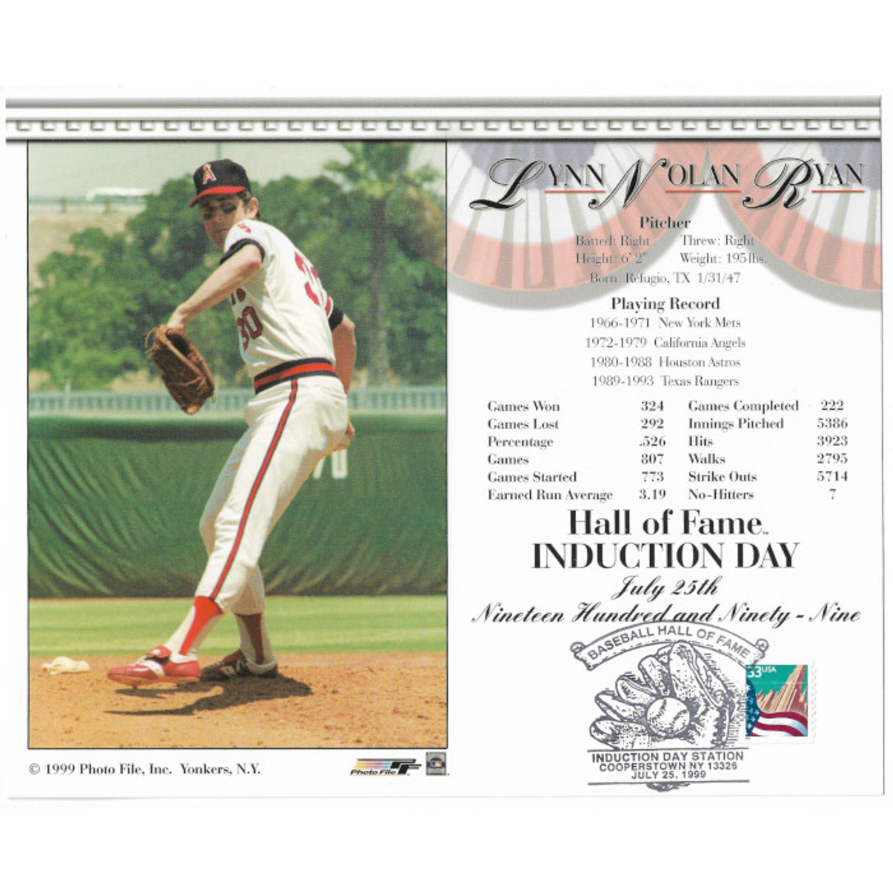 Nolan Ryan Houston Astros 1999 Hall of Fame Induction 8x10 Photocard with  Induction Day Stamp Cancellation