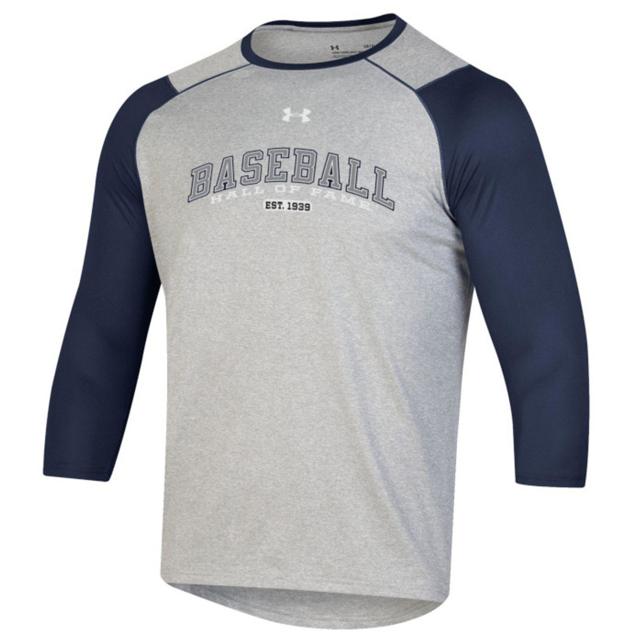 Men's Under Armour Baseball Hall of Fame Tech™ Heather Grey Baseball T-Shirt  with ¾ Carbon Navy Sleeves