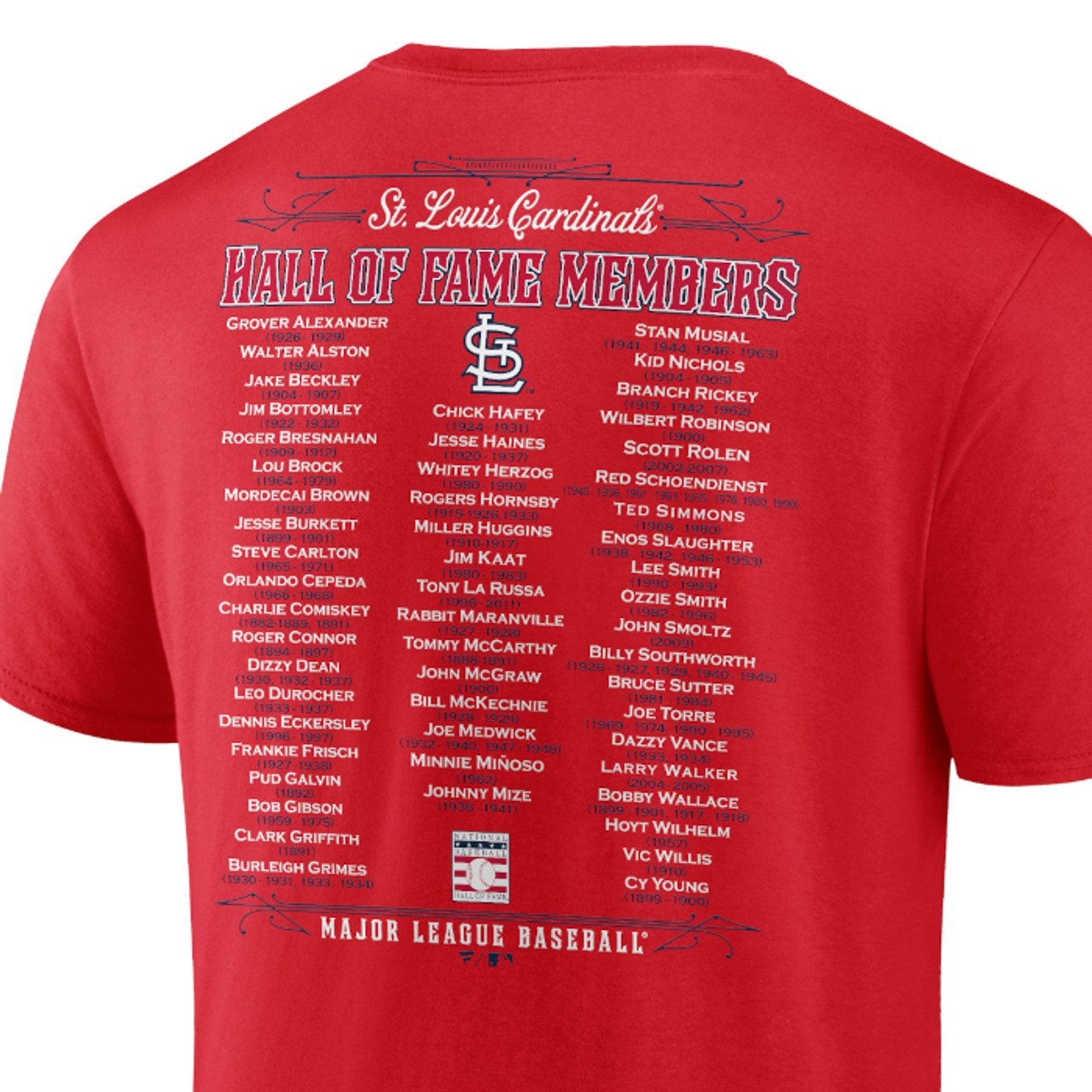 Men’s St. Louis Cardinals Red Team Hall of Famer Roster T-Shirt