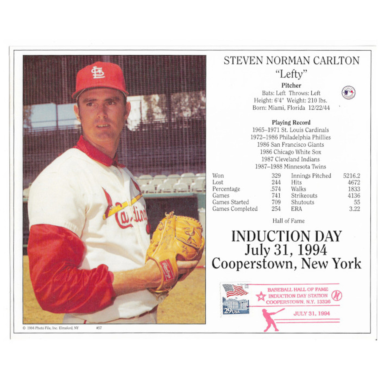 Steve Carlton St. Louis Cardinals 1994 Hall of Fame Induction 8x10