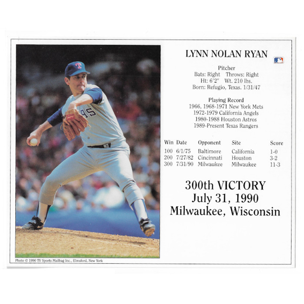 Nolan Ryan Texas Rangers 300th Win 8x10 Photocard