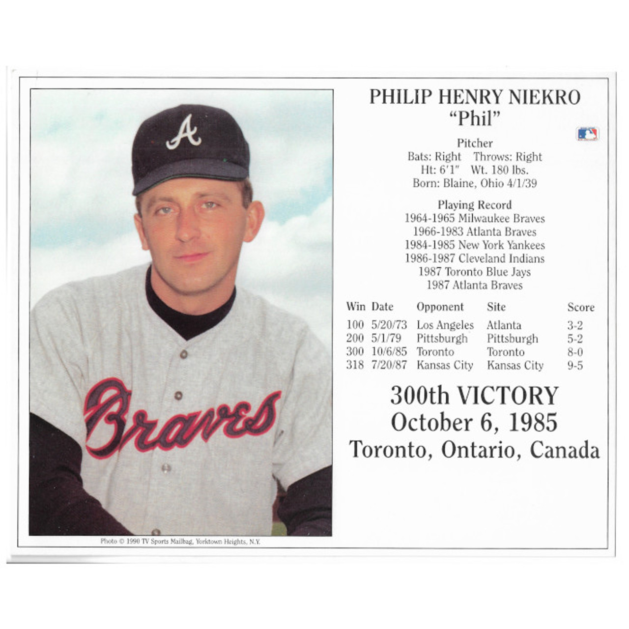 Phil Niekro Atlanta Braves 300th Win 8x10 Photocard