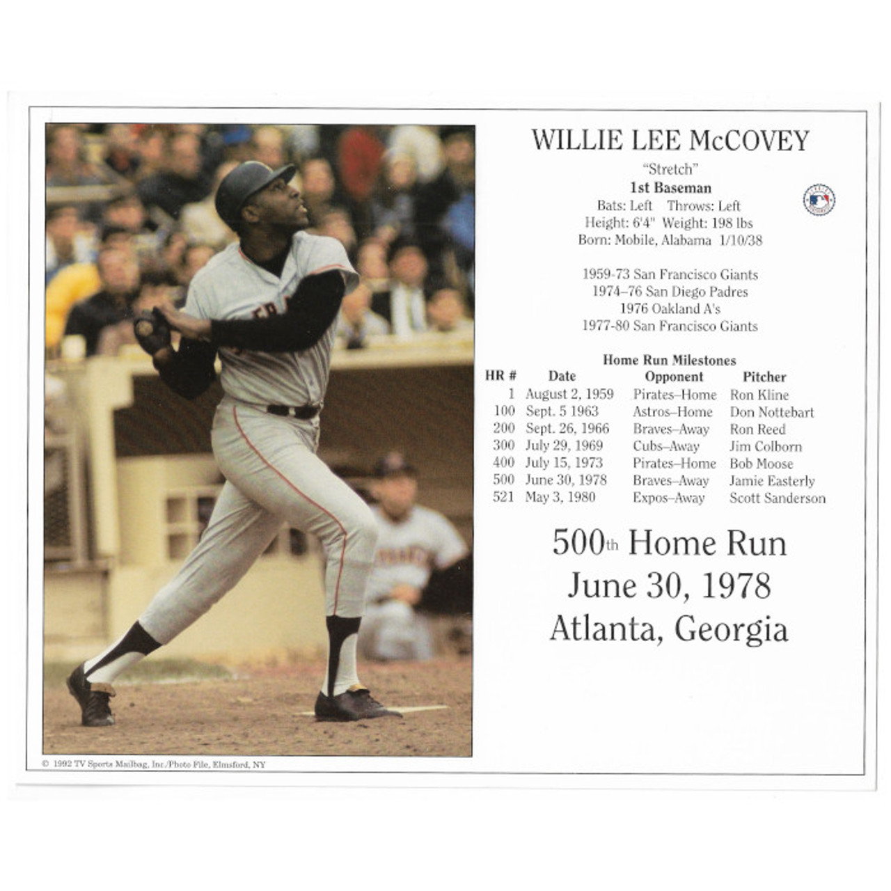 Willie McCovey San Francisco Giants 500th Home Run 8x10 Photocard